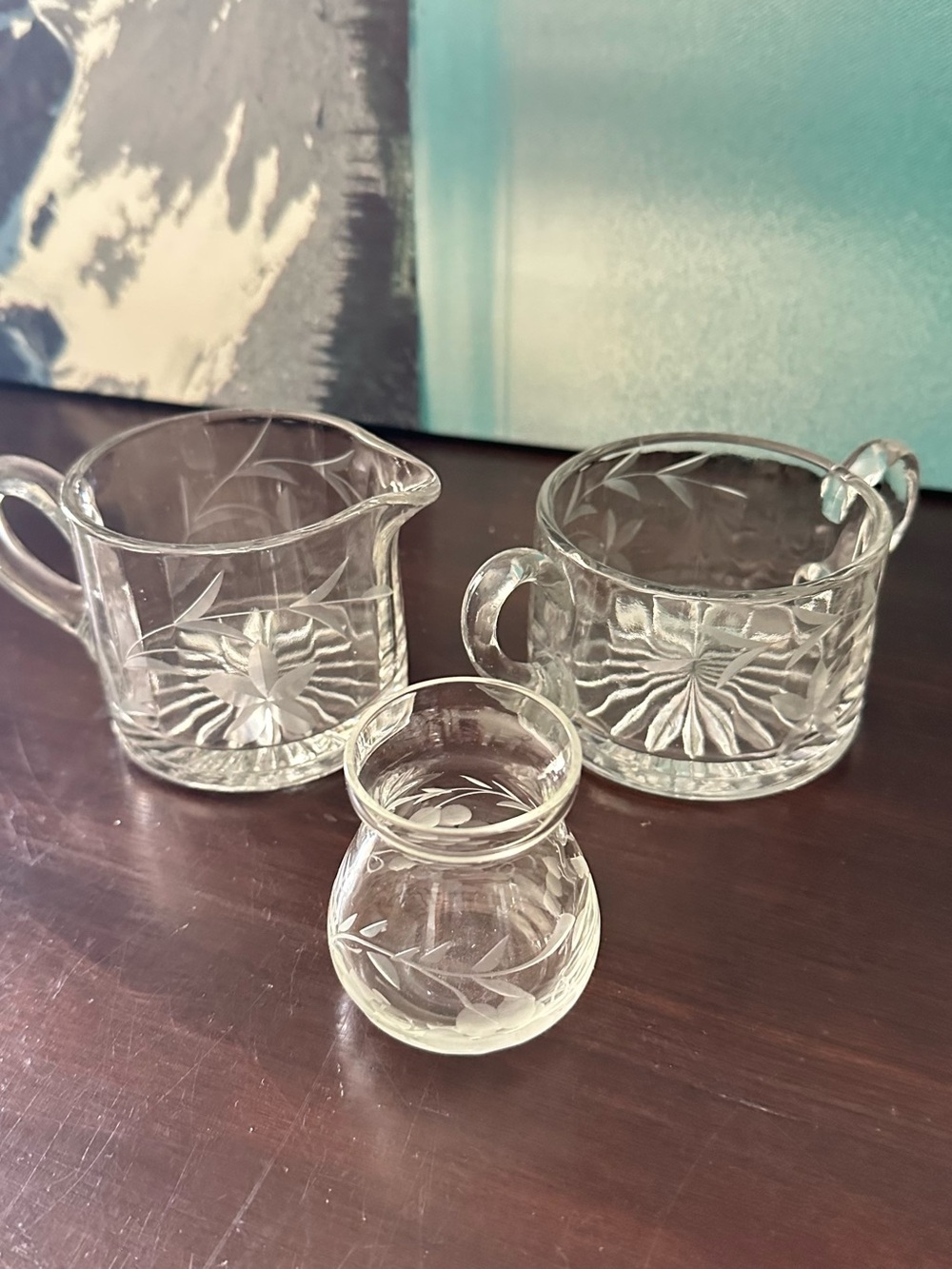 Clear Etched Glass Creamer and Sugar Set - Elegant Floral Pattern